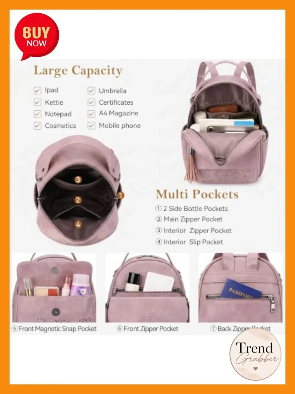 Faux Leather Mini Backpack for Women, Lightweight Daypack with Multi Pockets,